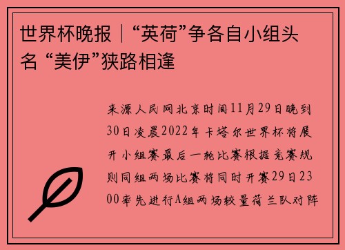世界杯晚报│“英荷”争各自小组头名 “美伊”狭路相逢